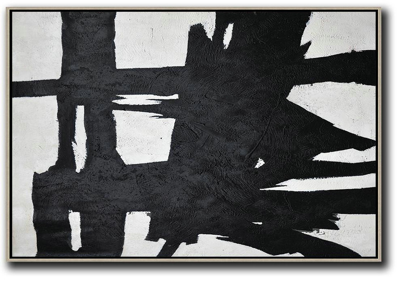 Horizontal Minimal Painting On Canvas, Black, White And Grey Textured Art,Contemporary Wall Art #Z5V3